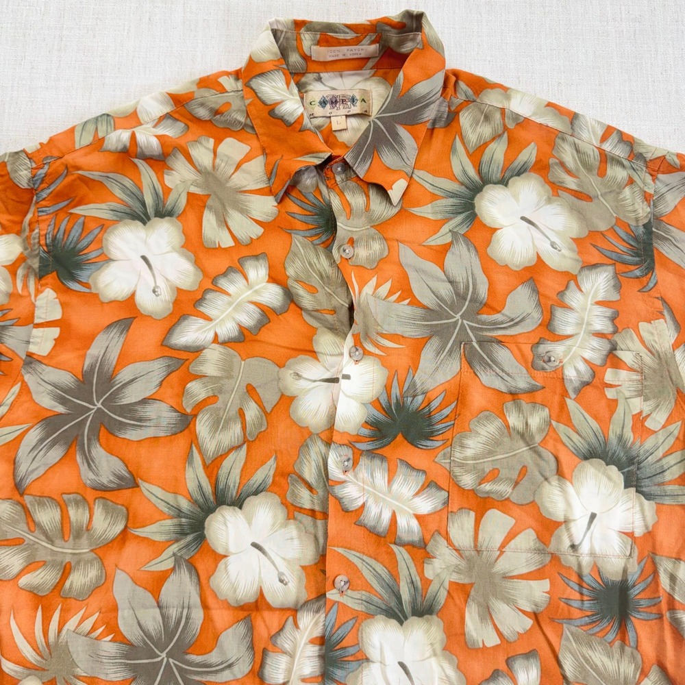 Campia Moda Mens Orange Tropical Hibiscus Floral Rayon Hawaiian Shirt Large L - Picture 5 of 15